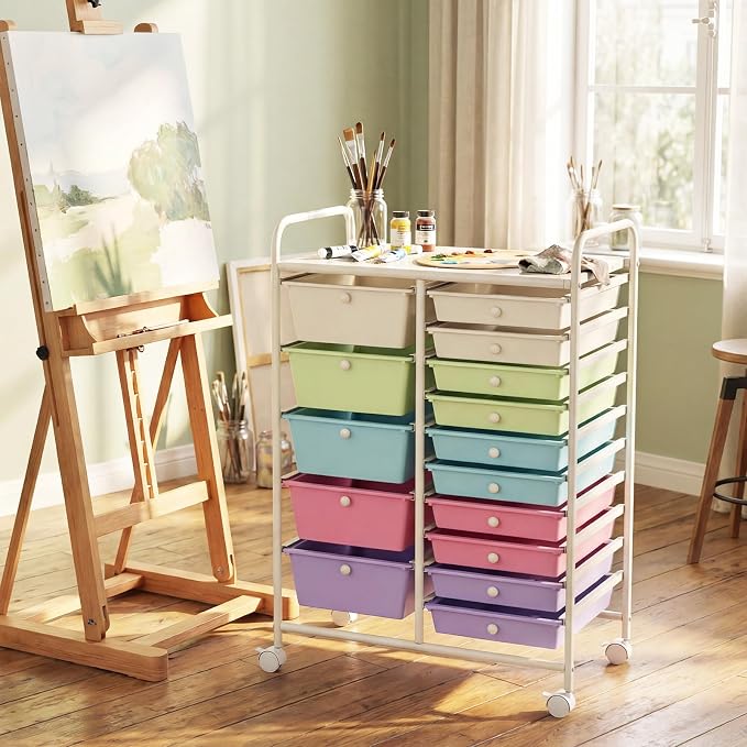 LDAILY 15 Drawer Rolling Storage Cart, Rolling Cart with Drawers for Classroom, Art Supply Craft Organizer on Wheel with Metal Frame & Handles for Home Office School (Ice cream color, 15 Drawer)