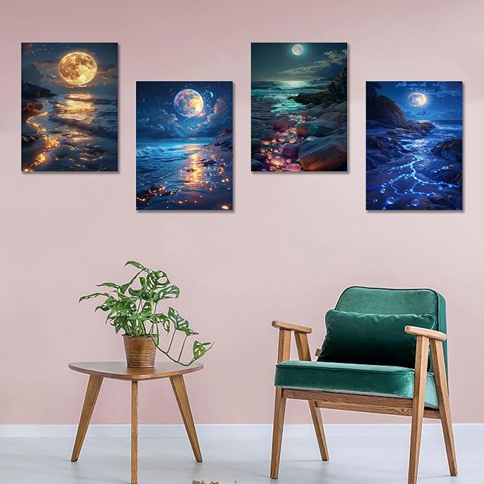 DOTSOPS 4 Pcs Moon Lake Diamond Painting Kits for Adults Art Painting Kits | Crafts DIY 5D Diamond Art Packs Kits,Round Full Drill for Beginner,Home Wall Decoration Gift 11.8 x 15.7 Inches