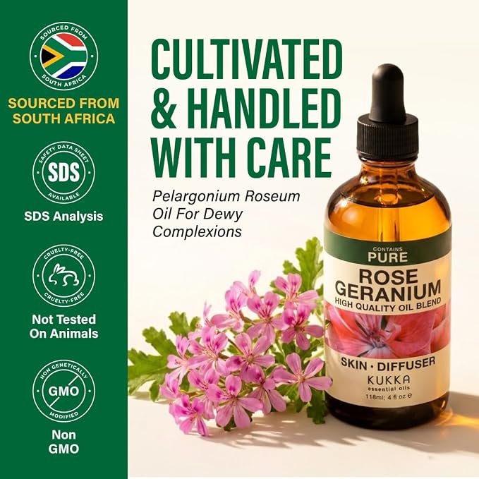 100% Pure Rose Geranium Essential Oil 4 Fl Oz - Geranium Oil for Skin | Undiluted for Hair, Scalp, Diffuser, Aromatherapy, Body Massage and Blending - Sweet Floral Aroma, with Dropper