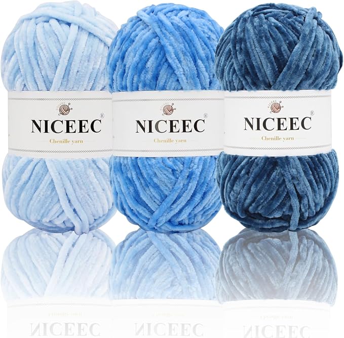 NICEEC 3 Skeins Soft Chenille Yarn 3 x85m (3X 93yds, 3X 50g)_Blue Series