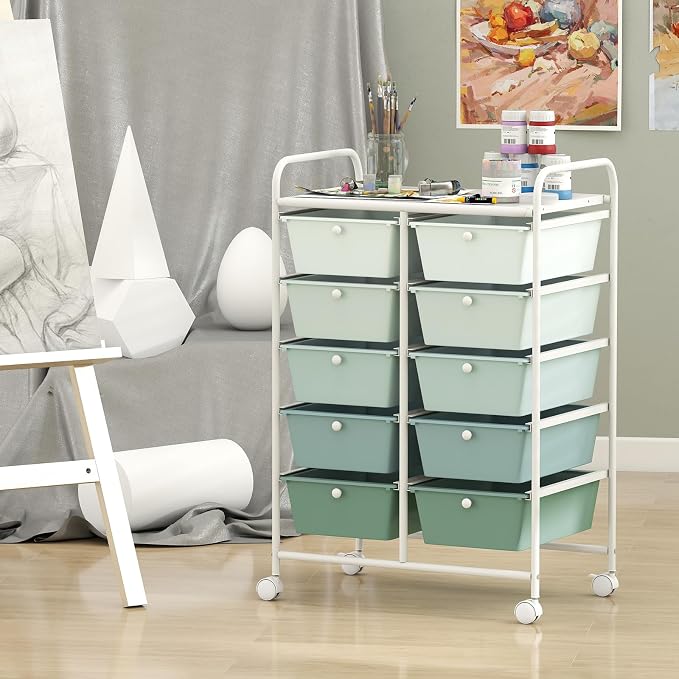 Giantex 10 Drawers Rolling Cart, Classroom Organizers, Storage Cart with Wheels, for Teacher Office Home School Supplies Tool Craft Art Paper, Green Gradient