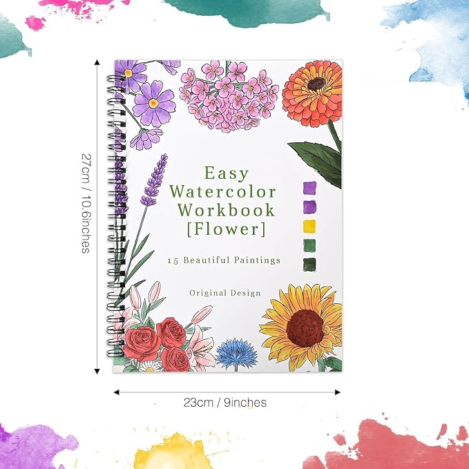 Watercolor Workbook for Beginner,15 Flower Patterns of Original DIY Designs,Beginner-Friendly Water Color Workbooks,Water Coloring Book for Adults