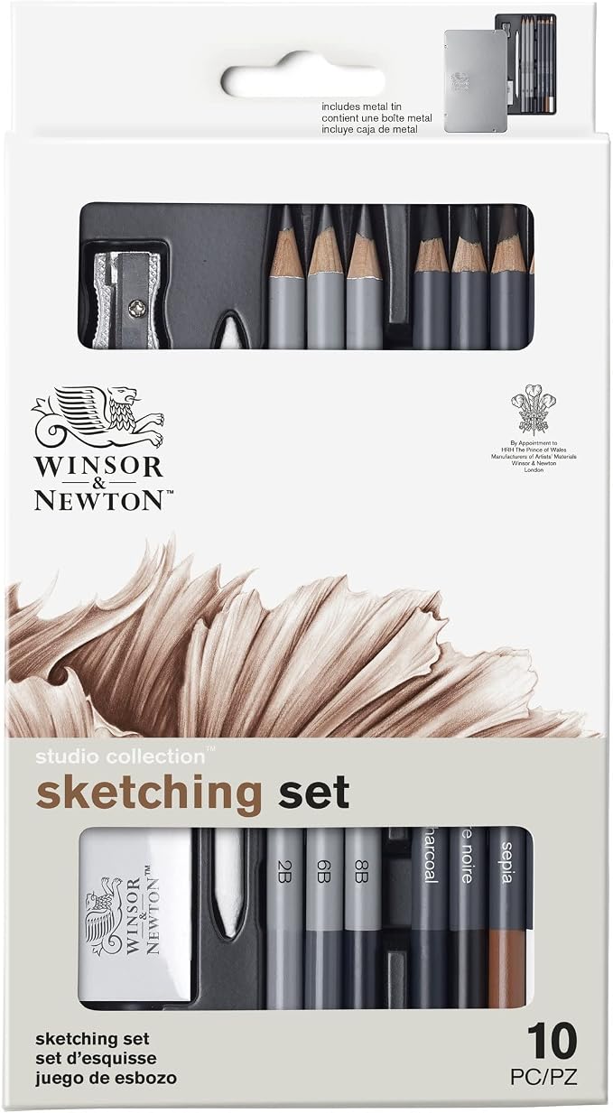 Winsor & Newton Studio Collection, Sketching Pencils, Set of 10 | Soft, Thick Core pencils, Varied Hardness, Soft Smooth Texture, Easy Blending, Stylish Metal Tin Included, High Quality Lead