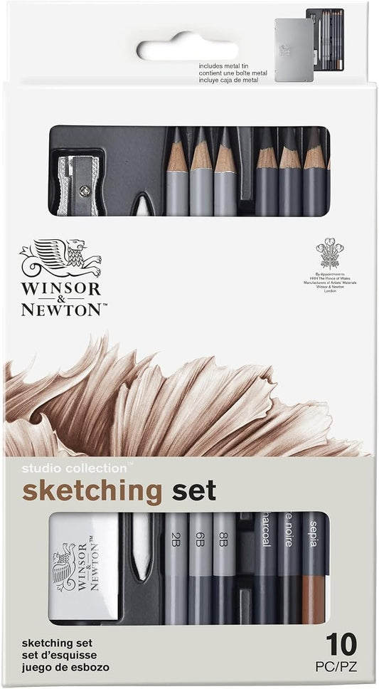 Winsor & Newton Studio Collection, Sketching Pencils, Set of 10 | Soft, Thick Core pencils, Varied Hardness, Soft Smooth Texture, Easy Blending, Stylish Metal Tin Included, High Quality Lead