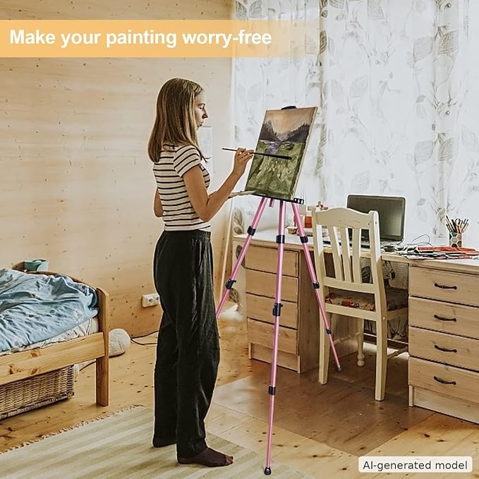 RRFTOK Pink 17-66 Inch Adjustable Art Easel Stand for Painting and Sign | Portable aluminum tripod easel for painting, sign, canvas holder, floor and display use