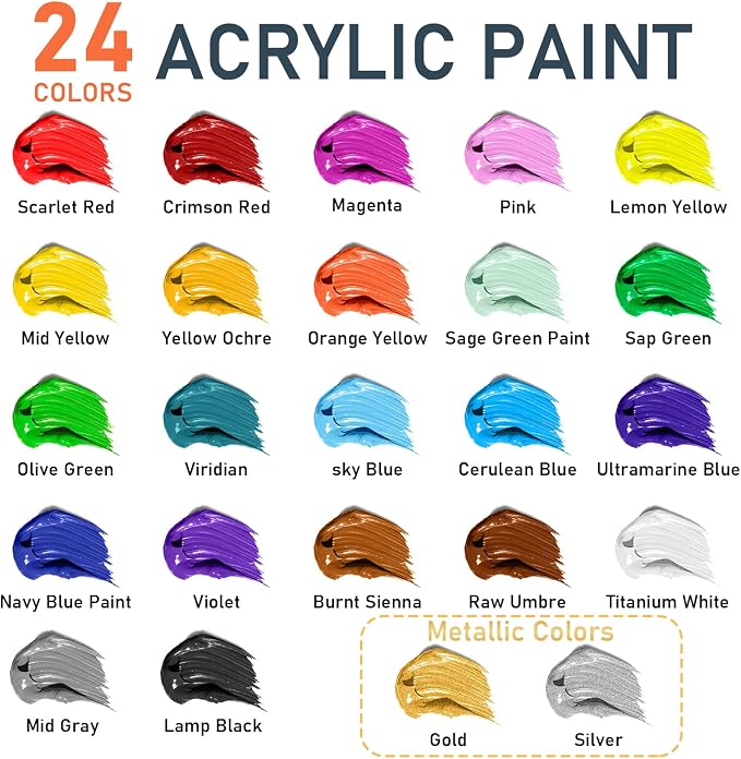GOTIDEAL Acrylic Paint Set, 24 Colors (59ml, 2 oz), with Paint Brushes | Art Craft Paint for Adults and Kids, Perfect for Artist, Beginner, Ideal for Wood, Canvas, Rocks, Outdoor Painting Supplies