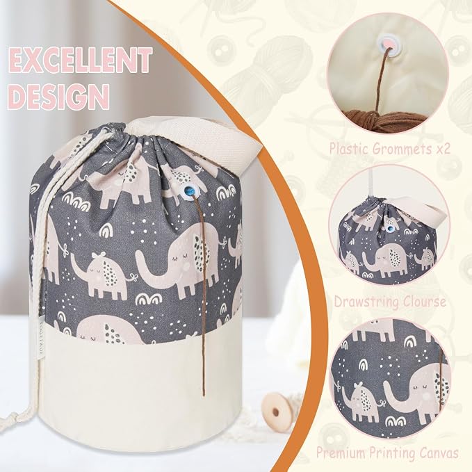 Yarn Bag, Large Crochet Bag Organizer, Drawstring Yarn Storage Knitting Bags, Portable Mini Yarn Holder for Crocheting Project, Skein Ball, Needles Accessories (Elephant Grey, Extra Large)