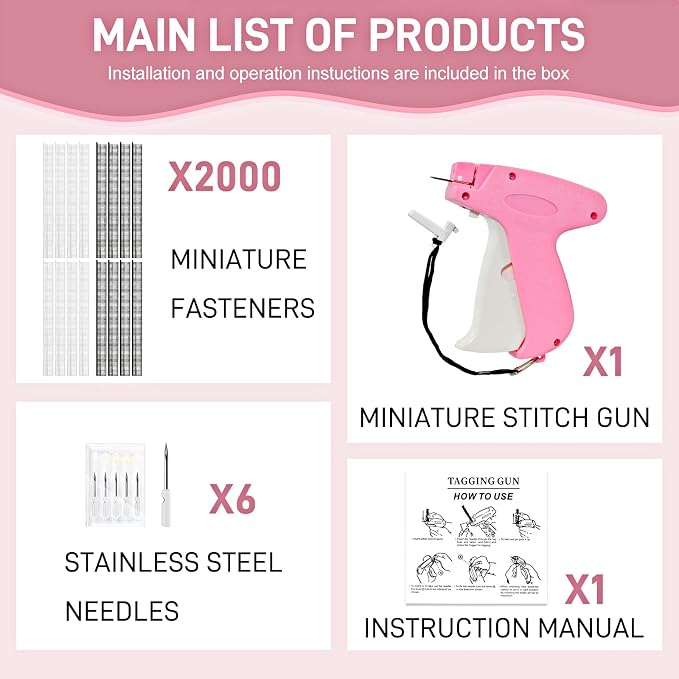 2026 New Stitch Gun for Clothes, Handheld Quick Clothing Fixer Sewing Kit with 1000 Black & 1000 White Fasteners, 6 Replacement Needles, Bright Pink