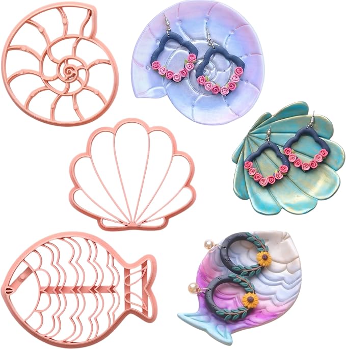 Trinket Cutter Set for Polymer Clay Display & Jewelry Styling – Fish, Shell & Spiral Shell Shapes | Shellfish-TRI