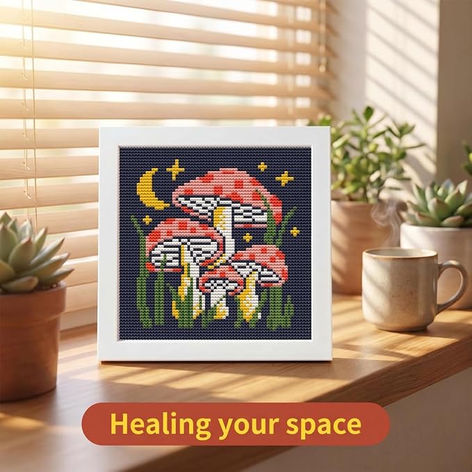 Mushroom Stamped Cross Stitch Kits for Beginners Adults with Framed | Mushroom Moon Star Needlepoint Counted Cross Stitch Kits for Beginners Adults Embroidery Kits Arts and Crafts 6x6 inch