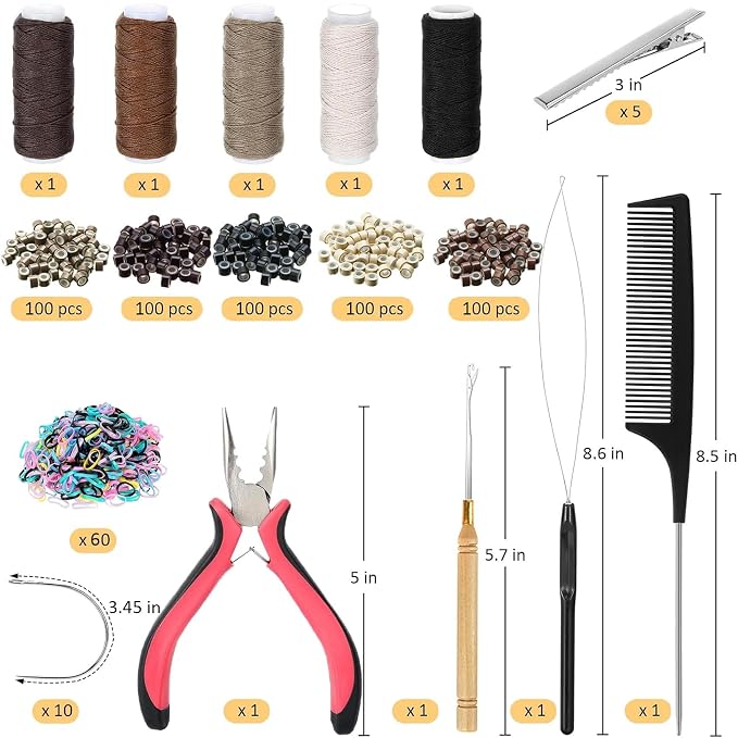 VCAY Complete Hair Extension Tools Kit,500 Silicone Lined Beads with Case