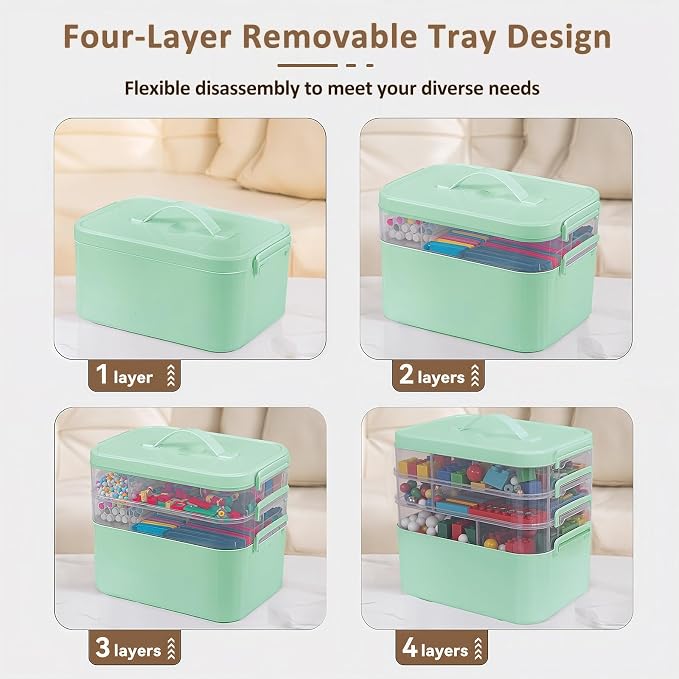 Gifhomfix 4-Layer Plastic Craft Organizers and Storage Box with Removable Trays, Storage Containers with lids and Handle, Art Supply Storage Organizer for Organizing Bead, Sewing, Tool（Green）