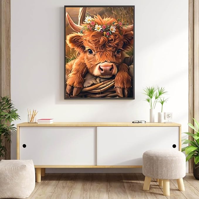Diamond Art Kits for Adults Highland Cow Diamond Painting Kit 12x16in | 5D Cow Diamond Art Painting Kit for Adult, DIY Full Round Drill Cows Baby Gem Art Diamond Dots Kits for Home Wall Decor Gift