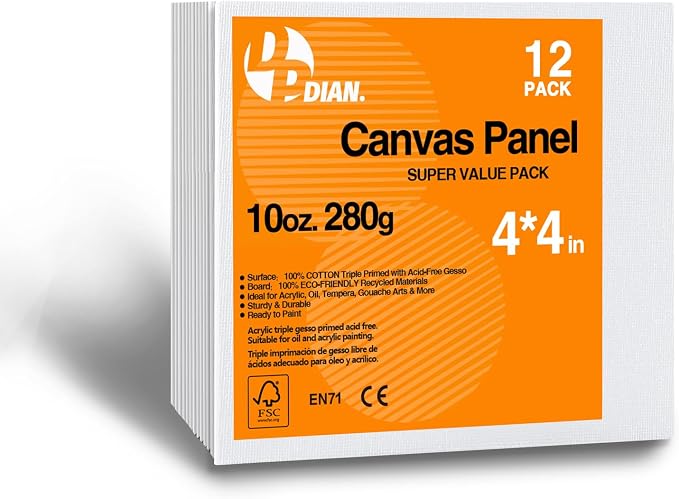 Canvas Boards for Painting 4x4 Inch, 12-Pack Bulk Canvas Value Pack - Art Supplies Blank Paint Canvas Panels for Acrylic, Oil, Watercolor, Tempera, Gouache