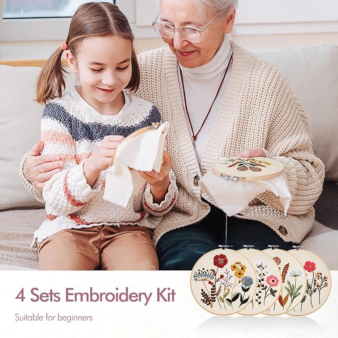 Embroidery Kit, 4 Pack Embroidery Kit for Beginners with Flower Pattern | Cross Stitch Starter Kits for Adults,Hand Embroidery Kit, Stitches Practice, Hand Craft Lover
