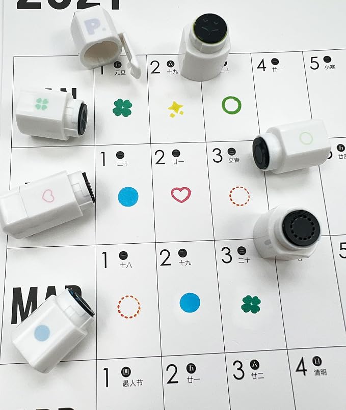 6-in-1 Retractable Pre-Inked Pen Roller Stamp – Basic Symbols Set Includes Circle, Four-Leaf Clover, Heart, Dotted Circle, Star – Rotatable Detachable Design for Bullet Journal, Planners, Crafts