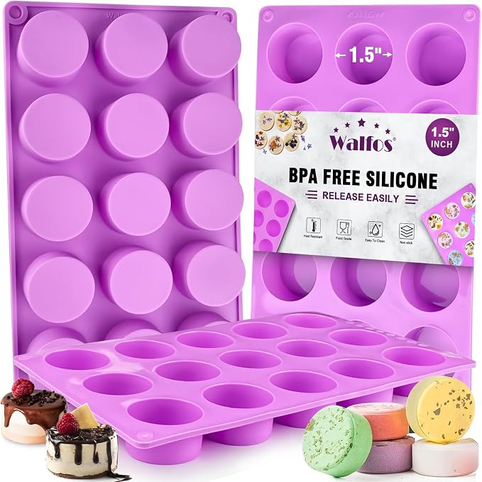 Walfos 3 Pack Small Soap Molds,15 Cavity Mini Round Silicone Molds,1.5inch Cylinder Silicone Soap Molds Perfect for Soap Making.Non-Stick BPA Free and Dishwasher Safe