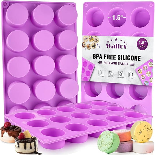 Walfos 3 Pack Small Soap Molds,15 Cavity Mini Round Silicone Molds,1.5inch Cylinder Silicone Soap Molds Perfect for Soap Making.Non-Stick BPA Free and Dishwasher Safe