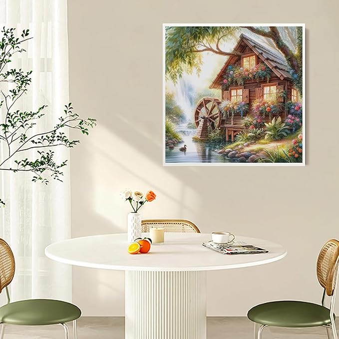 Accompany Wind Countryside Diamond Art Kits for Adults,5D Water Wheel Diamond Painting Kits for Beginners,DIY Round Full Drill Diamonds Gem Art Crafts for Home Wall Decor Gifts 14x14 Inch