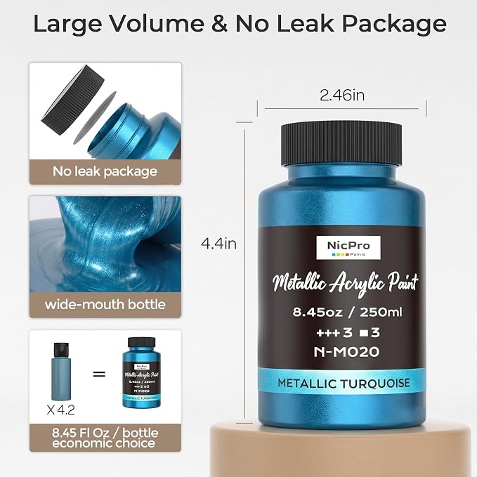 Nicpro Metallic Turquoise Acrylic Paint, 8.45oz/250ml Blue Craft Paint | Large, Non Toxic, Non Fading for Metal Wood Clay Fabric Canvas, Ceramic, Furniture, Handcrafts