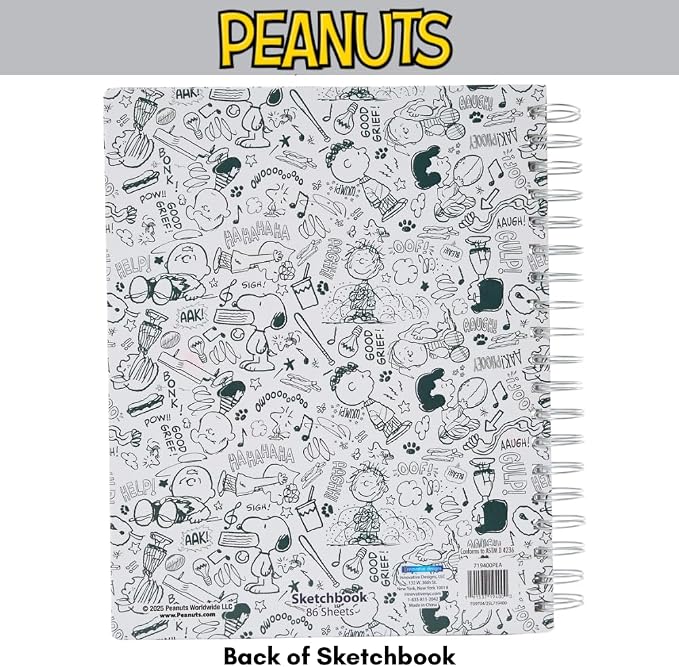 Peanuts Gang Sketchbook for Kids with Washable Markers, 86 Blank Pages Spiral Bound, Snoopy