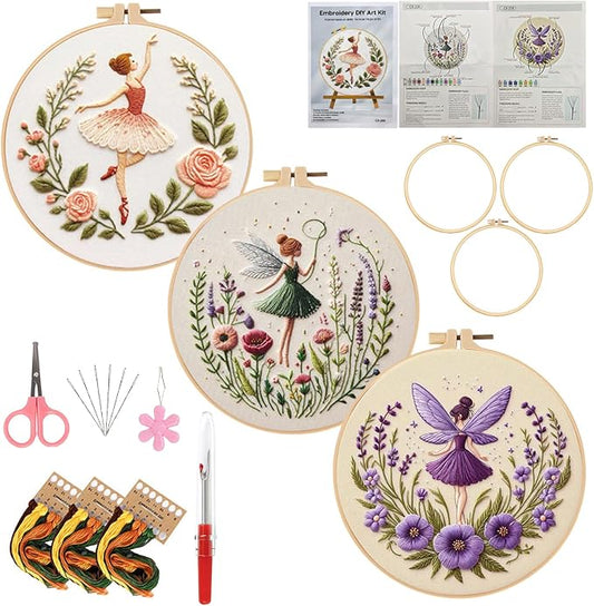 Embroidery Kit for Adults, Pre-Stamped Pattern Embroidery Kit for Beginners, Needlepoint Starter Kit with Hoop Thread Needle Instruction, 7.9'' Hoop (Flower Fairy 3 Packs)