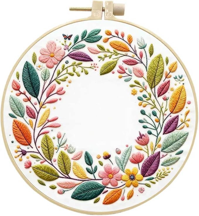 JJFox Embroidery Kit for Beginners and Adults, DIY Hand Embroidery Starter Kit with Cute Pattern, Cross Stitch Needlepoint Set with Hoop, Threads and Instructions (Wreath)