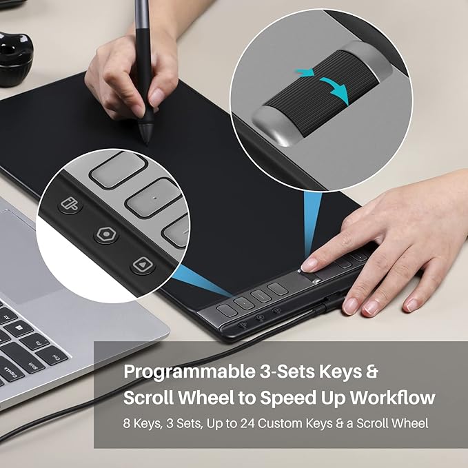 HUION Inspiroy 2 Large Drawing Tablet with 3-Group 8 Customized ExpressKeys | 10.5x6.56" Art Tablet with Scroll Wheel, Battery-Free Stylus, Graphics Tablet for Drawing, Design, Work with Mac, PC & Mobile