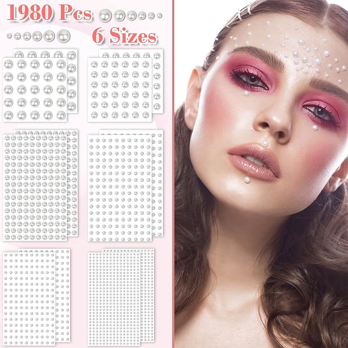 1980Pcs Self Adhesive Pearl Stickers, Shynek Hair Pearls Stick on Gems for Hair, Face, Makeup, Eye, Nail, Crafts, Assorted Sizes(Ivory White)
