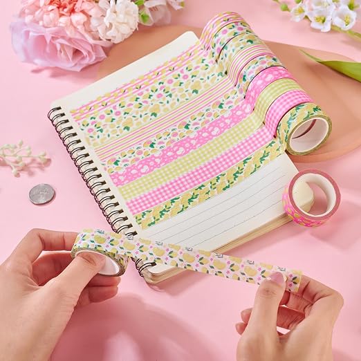 12 Rolls Lemon Washi Scrapbook Tape 15mm Pink Yellow Decorative Bible Tape Set Pack Aesthetic Colored Tapes Rolls Stickers for Crafts DIY Scrapbook Study Journaling Planner Supplies