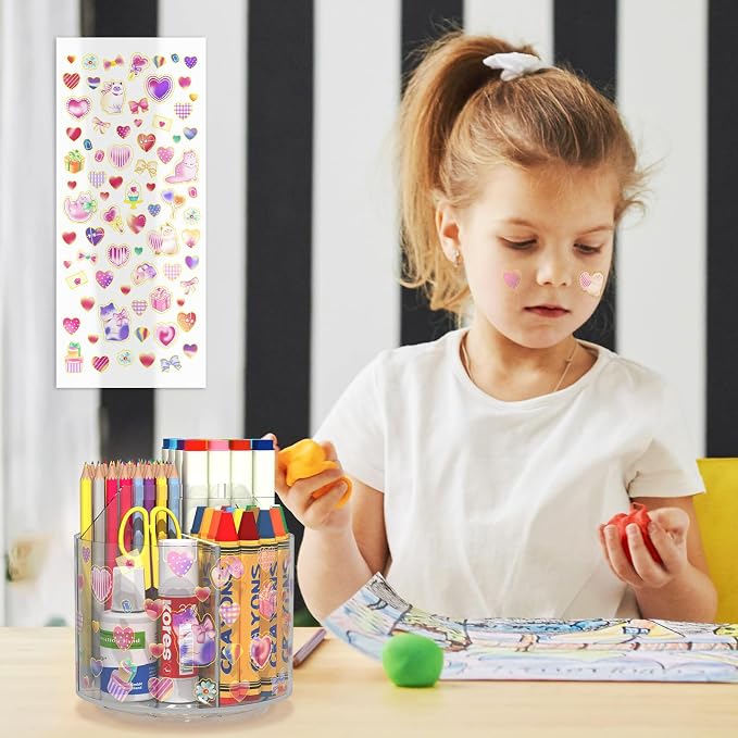 Acrylic Pencil Organizer for Desk Crayon Organizer with Adhesive Sticker | Rotating Art Supply Organizer with Kawaii Sticker, Spinning Marker Holder Organizer for Kids Small Lazy Susan with 4 Dividers