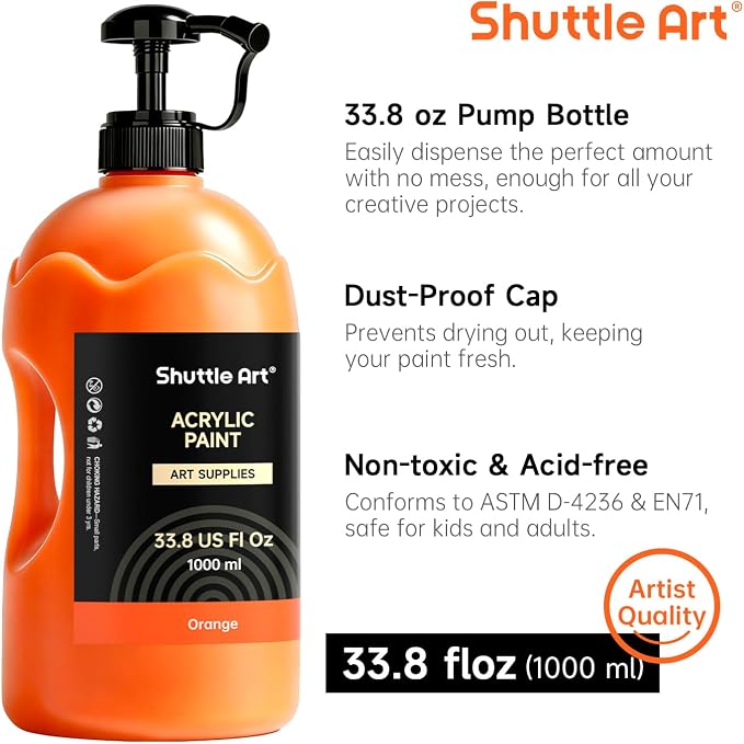 Shuttle Art 15 Colors Acrylic Paint Set, 33.8oz/1000ml Large Capacity Pump Bottles, Rich Pigments, High Coverage Paint, Fast Drying, Non-Toxic, for Canvas Wood Ceramic Rock Painting & DIY Crafts