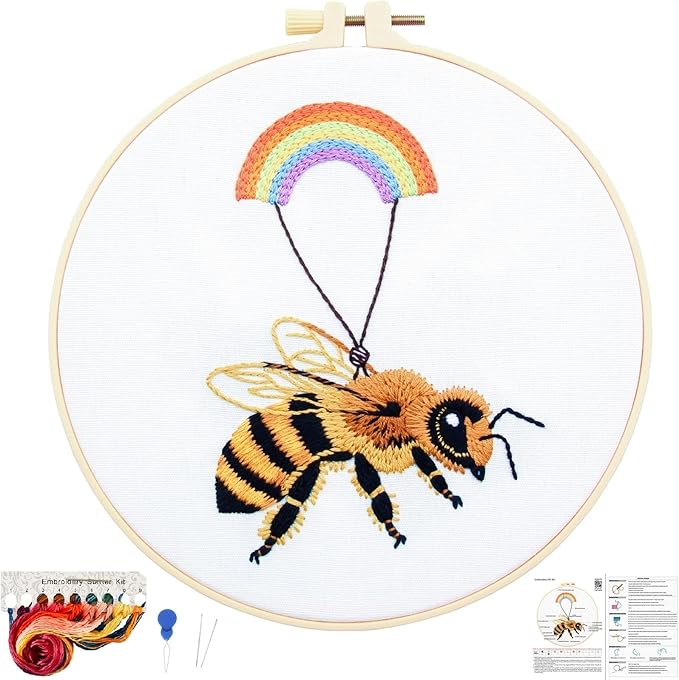 Crafmanoe Cute Bees Embroidery Kits for Beginners Adults, Hand Embroidery Starters Kits, Stamped Cross Stitch Kits DIY Needlepoint Kits for Beginners Adults, Embroidery Hoop, Thread and Video Tutorial
