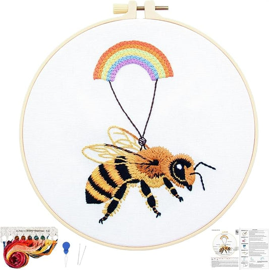 Crafmanoe Cute Bees Embroidery Kits for Beginners Adults, Hand Embroidery Starters Kits, Stamped Cross Stitch Kits DIY Needlepoint Kits for Beginners Adults, Embroidery Hoop, Thread and Video Tutorial