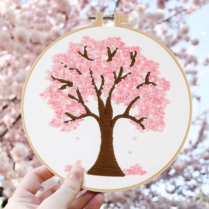 Sivilife Embroidery Starter Kit for Beginners, 4 Sets Stamped Cross Stitch Kits for Adult, Seasonal Tree Pattern Hand DIY Kits with 2 Embroidery Hoop Instructions Color Threads Needles and Scissor