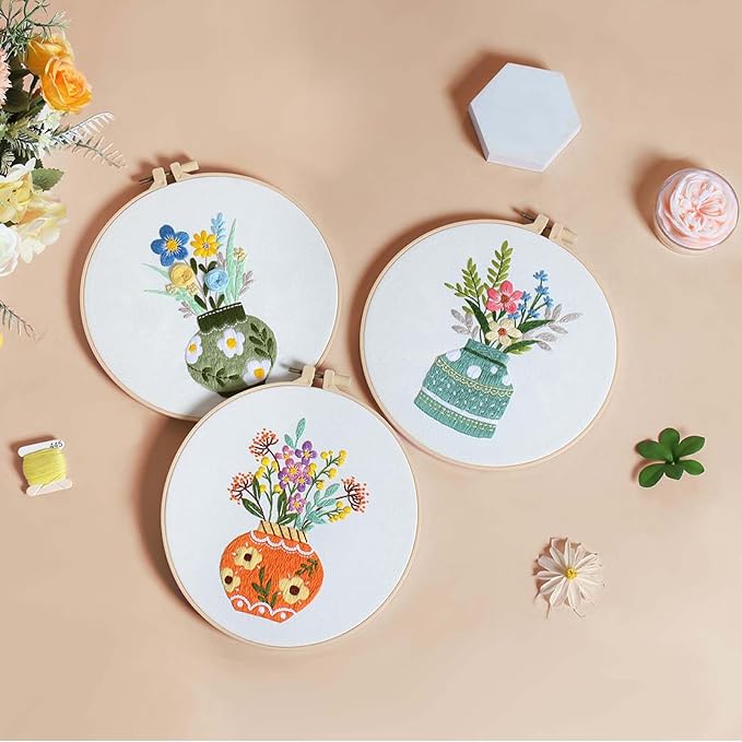 GLTAYLMY 3 Pack Embroidery Starter Kit with Pattern, Stamped Cross Stitch Kits for Beginners Adults with Embroidery Hoop and Instructions, Hand Embroidery Kit