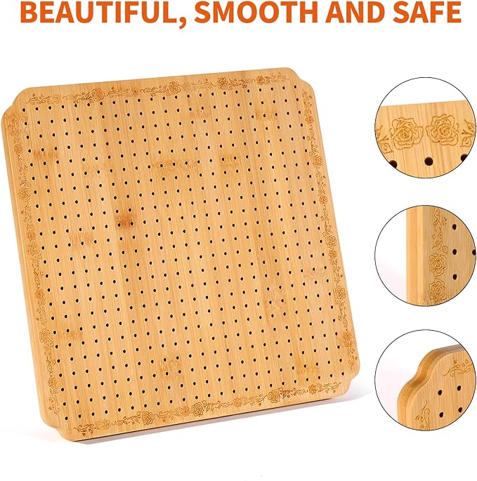 CraftyManor 12.5 in Blocking Boards for Crochet Projects with Rose Pattern, Crochet Blocking Board with Pegs, Granny Square Blocking Board with 20 Stainless Steel Pegs, Bamboo