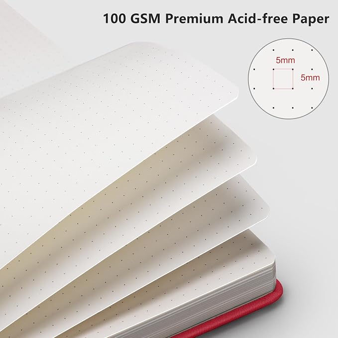 RETTACY Dotted Journal Notebook, 192 Pages, A5 Medium Size (5.7'' x 8.3'') | Leather Hardcover, 100 GSM Thick Paper, for Journaling, Planning, Tracking (Red)