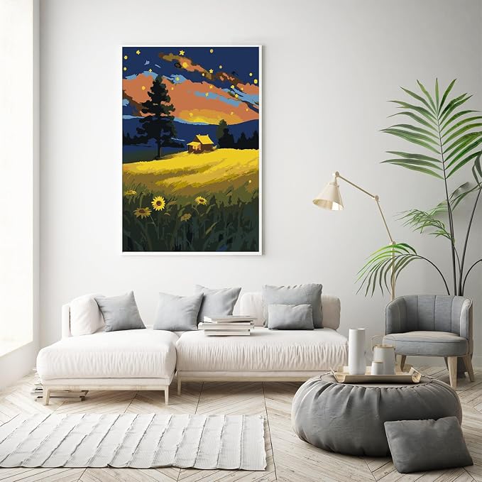 Framed Paint by Numbers Kit for Adults Beginner, Starry Night Easy Adult Paint by Number Kits on Canvas, DIY Acrylic Watercolor Landscape Oil Paint by Number for Adults for Home Decor Gift 8x12 Inch