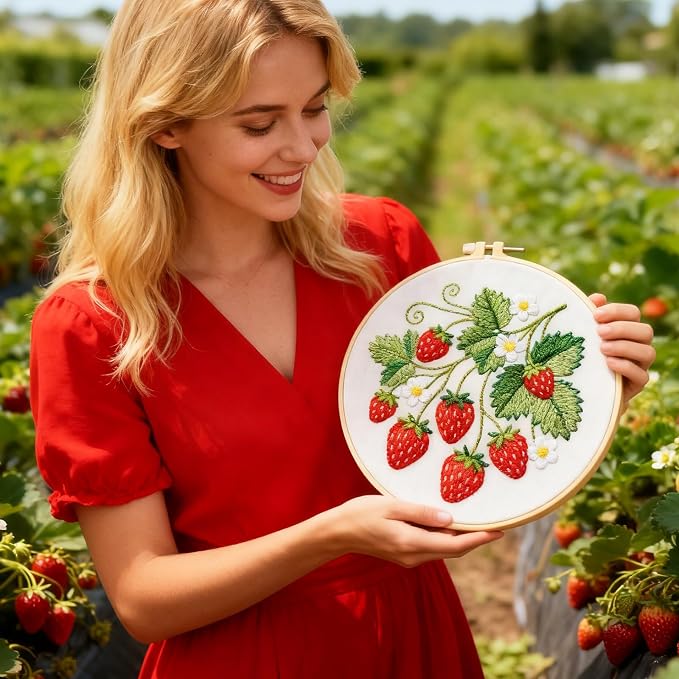 BEUNITONE 4 Set Strawberry Embroidery Kit for Adult Beginners 7.9"x7.9" DIY Stamped Needlepoint Kits with Pre-Printed Designs, Complete Handmade Embroidery Craft for Relaxing Hobby and Home Decor