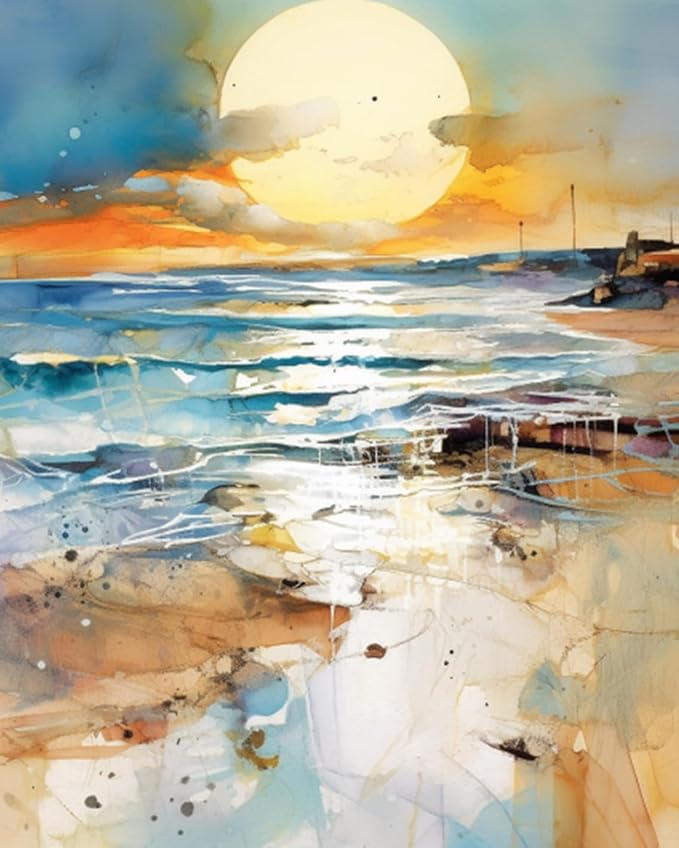 Paint by Number Sunset Beach Sea Landscape Abstract Beach DIY Painting On Canvas with Brushes Acrylic Paints Perfect for Paint by Numbers for Adults and Kids Students Beginner 16x20 Inch（DIY Frame）