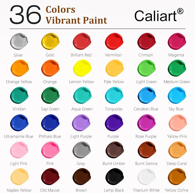 Caliart 36 Colors Acrylic Paint Set with 12 Brushes | Craft Painting kit for Adults Artists Beginners, Rich Pigment Non-toxic, Canvas Wood Rock Pumpkin Ceramic Art Supplies Paint