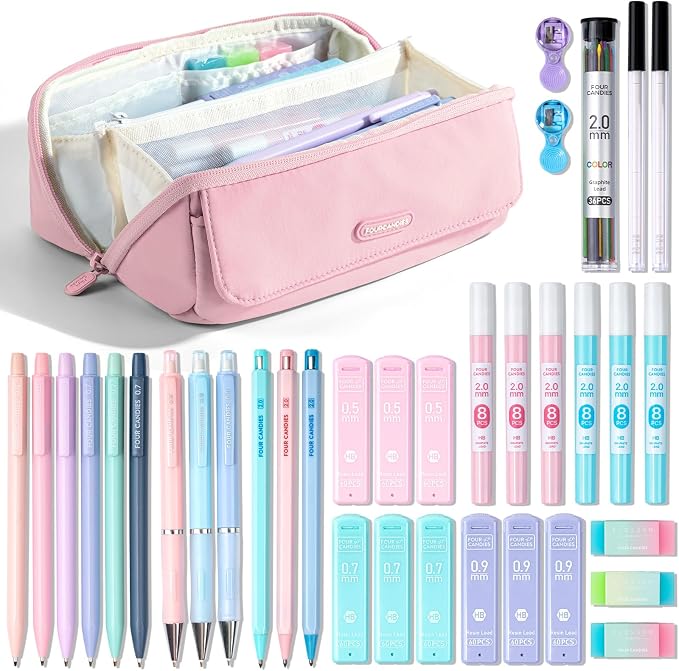Four Candies 36PCS Mechanical Pencil Set with 624 Lead Refills (Light Pink)