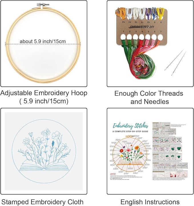 Louise Maelys Book & Flowers Embroidery Kit for Beginners Decor Craft Gift | Needlepoint Kit with Pre-Printed Fabric, Hoop, Needles, Color Threads & Detailed Guide, DIY Cross Stitch Kits for Women