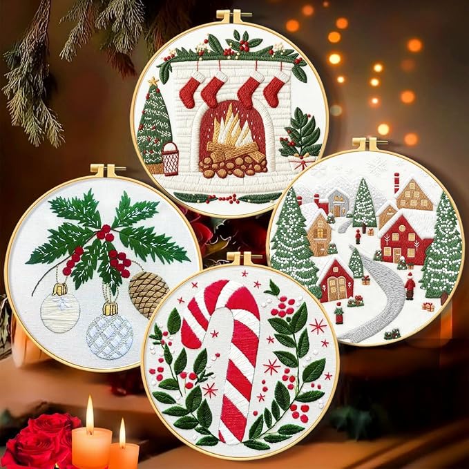 Zhenqing Christmas Embroidery Kit for Beginners - 4 Piece 29x29cm Round Designs with Embroidery Hoop, Threads & Tools (Snowy Cabin, Fireplace, Candy Cane, Holly)(C0066)