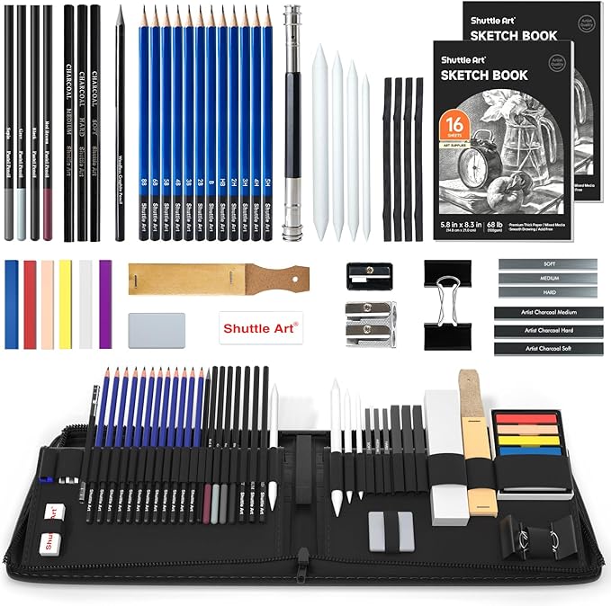 Shuttle Art 52 Pack Drawing Pencils Set, Professional Art Kit with Graphite Charcoal Sticks, Drawing Pad in Portable Case, Ideal for Kids and Adults Artists