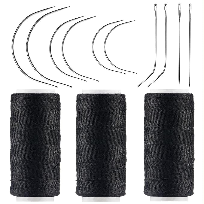 VCAY Hair Extension Sewing Kit,3 Rolls Weaving Thread,10 Curved Needles