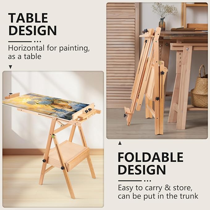 YOKUGO Beech Wood H-Frame Painting Easel with Storage Drawer, Natural