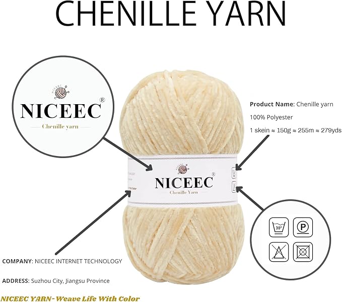 NICEEC 2 Skeins Soft Chenille Yarn 2 x255m (2X 279yds, 3X 150g)_Khaki
