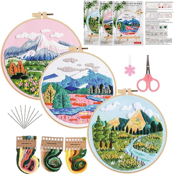 Konrisa 3 Pcs Landscape Embroidery Kits, Mountain Flower Village Pattern Cross Stitch Kit, DIY Sewing Practice Kits for Adults Home Decoration,Include Embroidery Cloth Threads and Needles,1pc Hoops